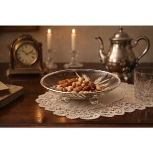 Silver City Glass 1940s Footed Glass Bowl Sterling Silver Wheat Overlay, 7.5x2”